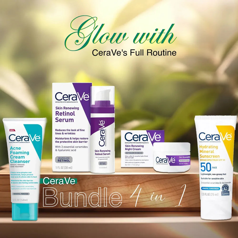 CeraVe 4-in-1 Skin Care Kit | Cleanser, Night Cream | Retinol Serum & Sun Screen