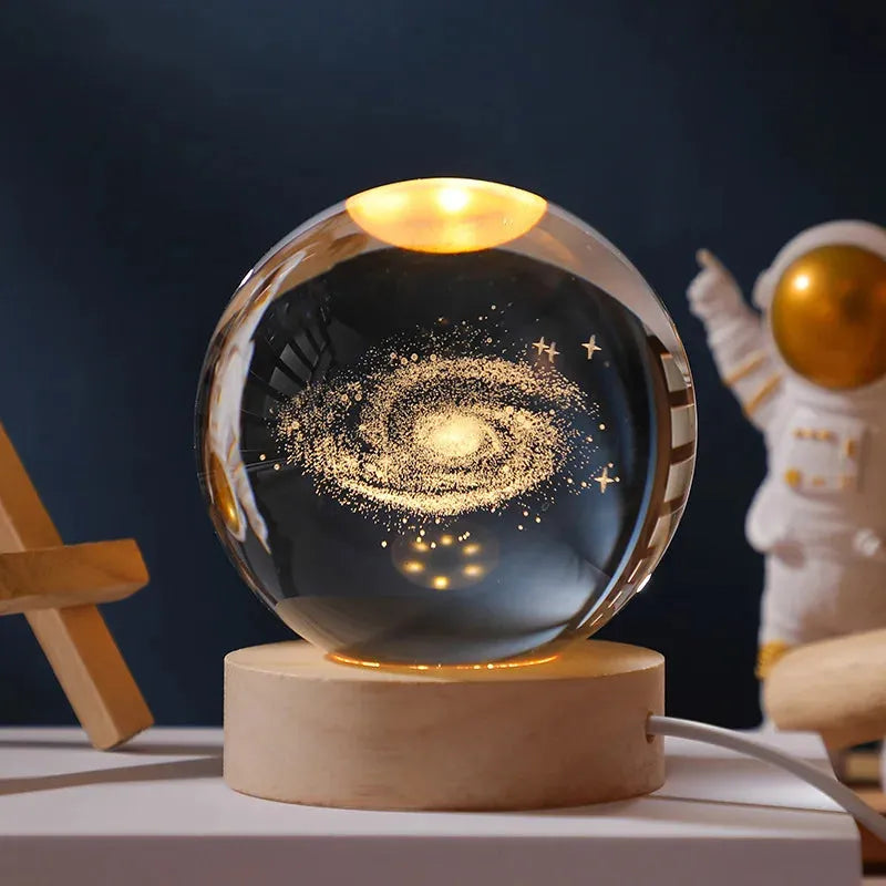 3D Crystal Galaxy Ball Lamp with Solid Wood Base