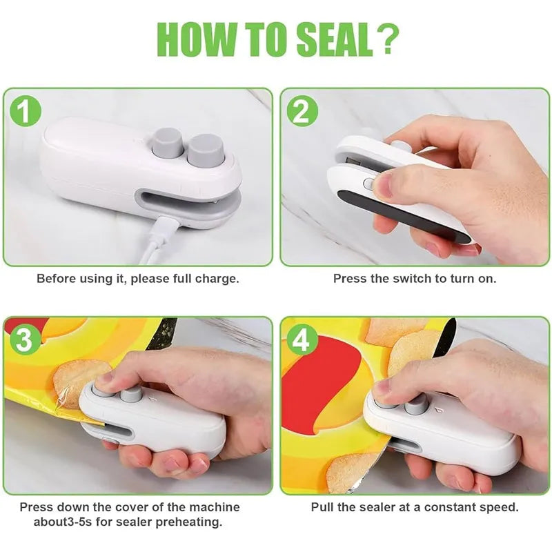 Portable Food Bag Sealer and Cutter – USB Rechargeable, Mini Snack Bag Sealer – Heat Sealing Random Color